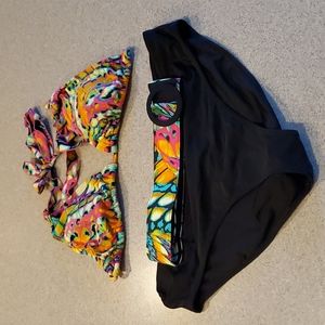 Multi-colored bikini top, black bottoms with matching belt in multi-color